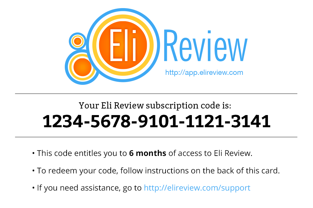 Subscription cards have a 16-digit number that can be redeemed for a full Eli Review subscription.