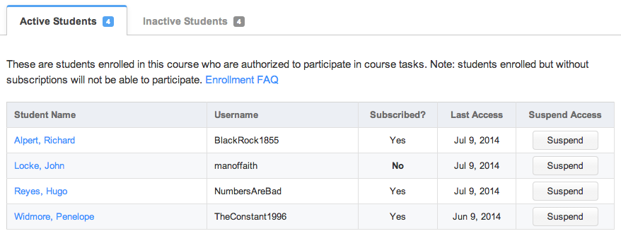 The list of "active" students in a course.