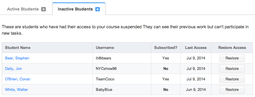 the inactive students tab