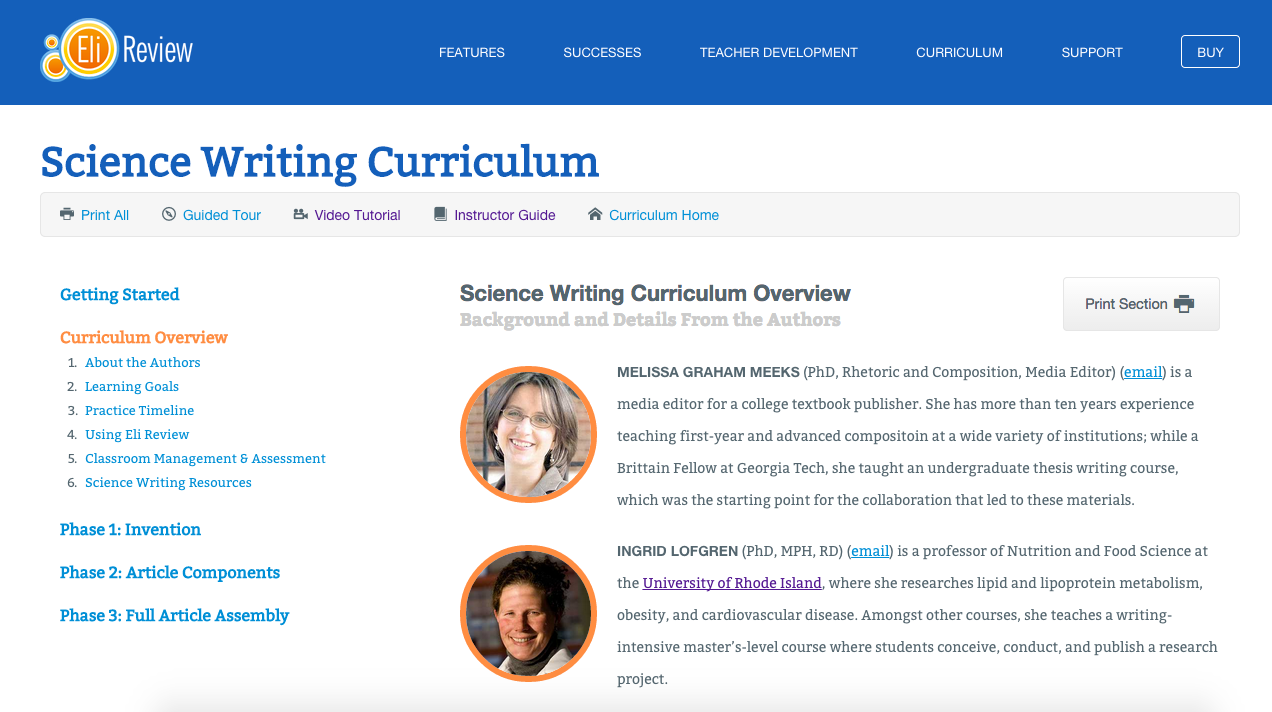 Screenshot of the Science Writing Curriculum