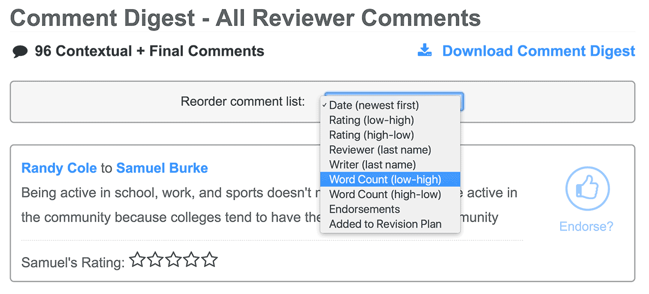 Comment digest can be sorted.