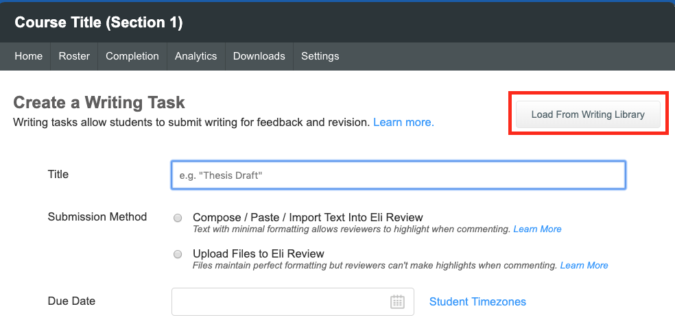 In a writing task, "Load from Library" is in upper right corner.