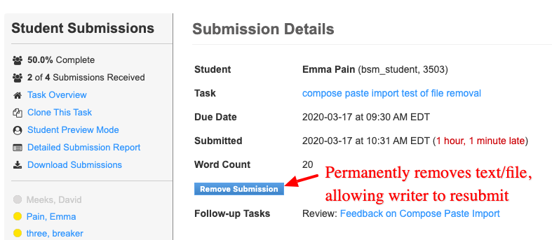View of student submission in writing task now includes button to remove submission