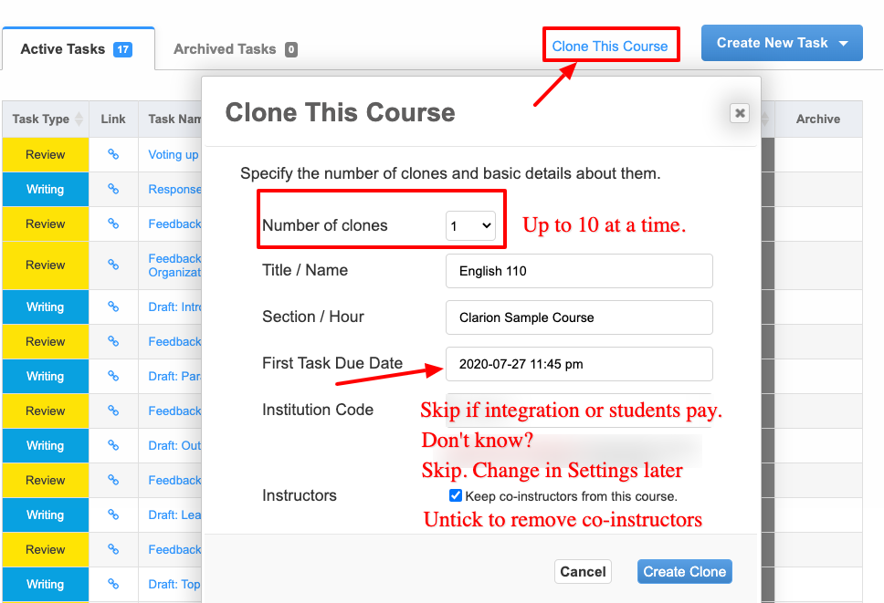 Clone this course button launches window with form for setting the clone details.