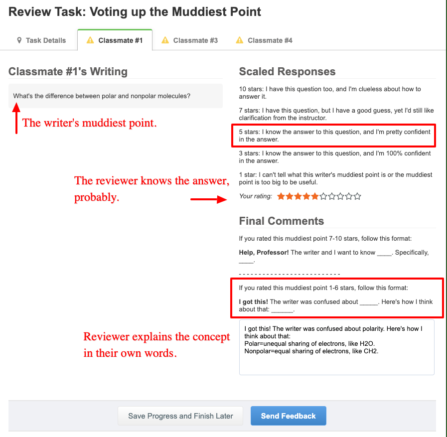 Reviewers vote up the muddiest point and then explain their vote.