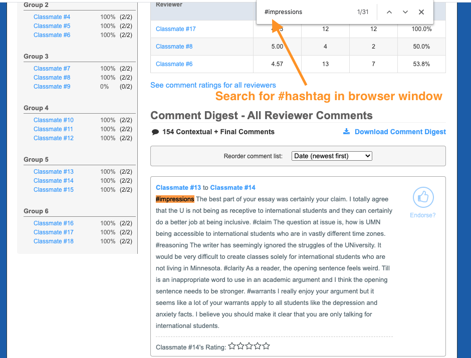 From the Review Feedback tab, scroll to the comment digest, and use the browser's search to find the #hashtag.