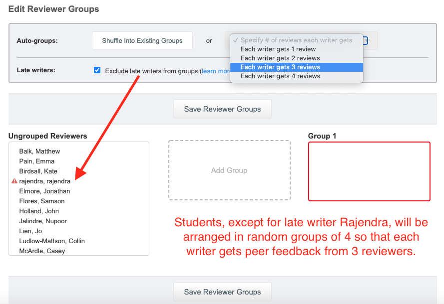 The edit group options allow instructors to arrange random groups that exclude late writers